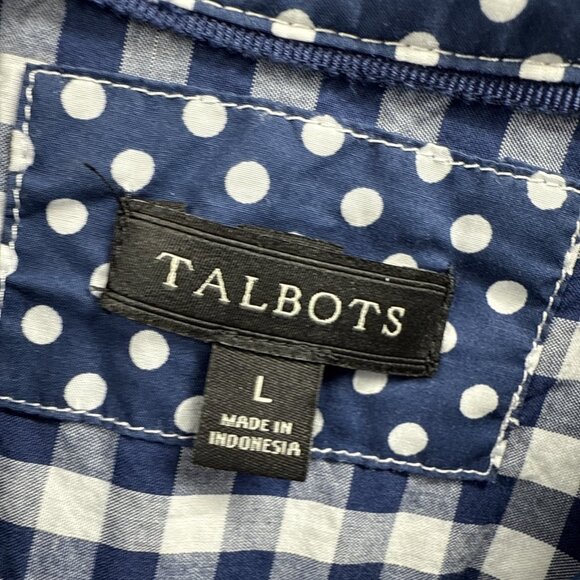 Talbots Women's Top Blouse Size Large Blue White Check Long Sleeve Cotton Button - Picture 2 of 10